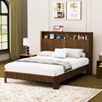 Cadre de lit ModernLuxe Queen/Full XL avec tête de lit de rangement, station de charge intégrée, design ondulé, support silencieux