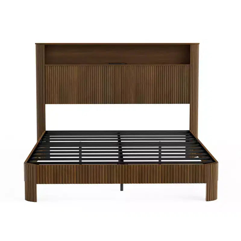Cadre de lit ModernLuxe Queen/Full XL avec tête de lit de rangement, station de charge intégrée, design ondulé, support silencieux
