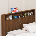 Cadre de lit ModernLuxe Queen/Full XL avec tête de lit de rangement, station de charge intégrée, design ondulé, support silencieux