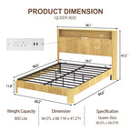 Cadre de lit ModernLuxe Queen/Full XL avec tête de lit de rangement, station de charge intégrée, design ondulé, support silencieux