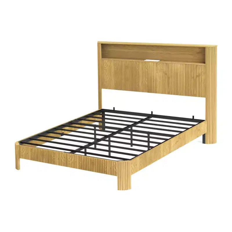 Cadre de lit ModernLuxe Queen/Full XL avec tête de lit de rangement, station de charge intégrée, design ondulé, support silencieux