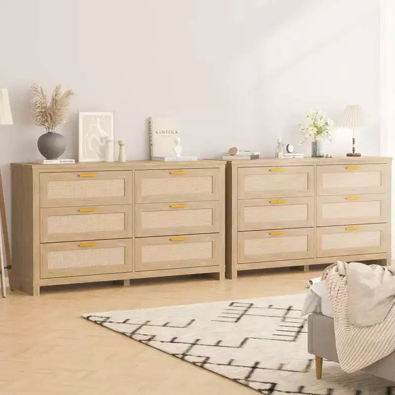 Commode 6 tiroirs en rotin pour chambre à coucher, commode de rangement bohème moderne en bois avec grand espace de rangement, commode 6 tiroirs pour dressing et salon, naturelle