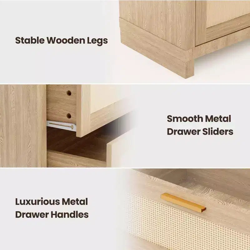 Commode 6 tiroirs en rotin pour chambre à coucher, commode de rangement bohème moderne en bois avec grand espace de rangement, commode 6 tiroirs pour dressing et salon, naturelle