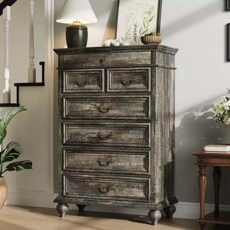 Commode à 7 tiroirs, commode de rangement moderne en bois, meuble TV commode, organisateur de tiroirs en bois avec poignées rustiques pour chambre à coucher, salon, couloir
