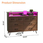 Commode 8 tiroirs, Meuble TV de chambre avec lumières LED et prise de courant, Grande commode pour couloir, salon, entrée