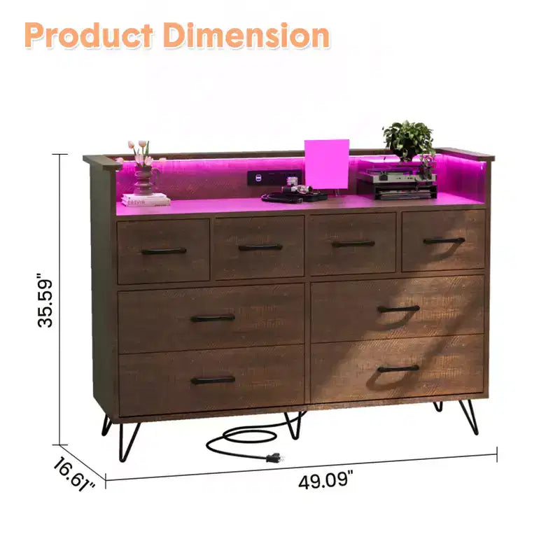 Commode 8 tiroirs, Meuble TV de chambre avec lumières LED et prise de courant, Grande commode pour couloir, salon, entrée
