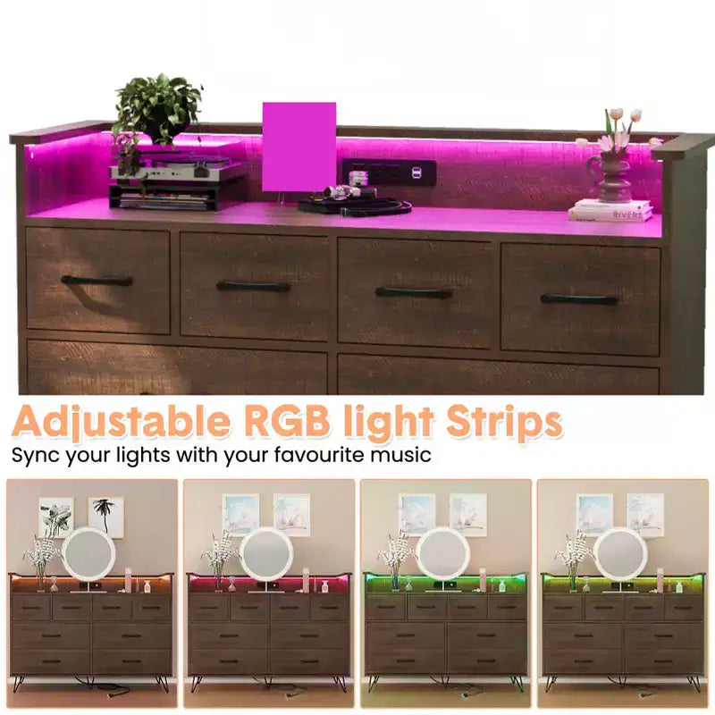 Commode 8 tiroirs, Meuble TV de chambre avec lumières LED et prise de courant, Grande commode pour couloir, salon, entrée