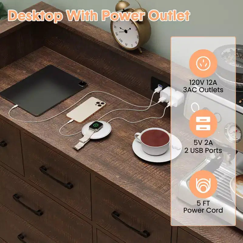 Commode 8 tiroirs, Meuble TV de chambre avec lumières LED et prise de courant, Grande commode pour couloir, salon, entrée