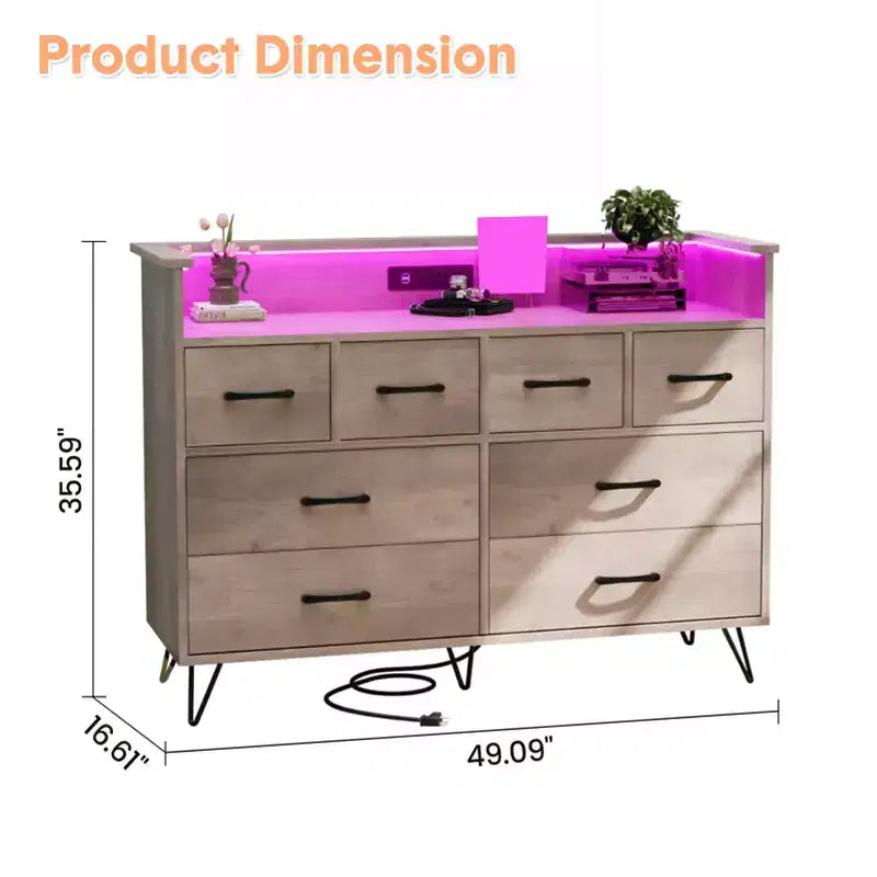 Commode 8 tiroirs, Meuble TV de chambre avec lumières LED et prise de courant, Grande commode pour couloir, salon, entrée