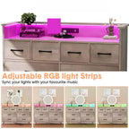 Commode 8 tiroirs, Meuble TV de chambre avec lumières LED et prise de courant, Grande commode pour couloir, salon, entrée