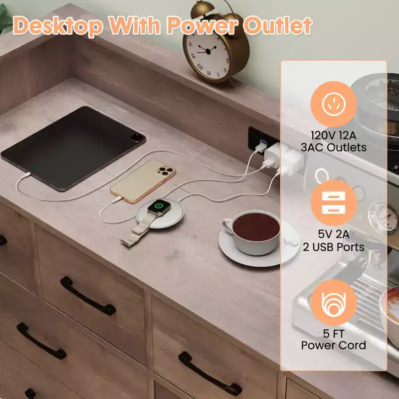 Commode 8 tiroirs, Meuble TV de chambre avec lumières LED et prise de courant, Grande commode pour couloir, salon, entrée