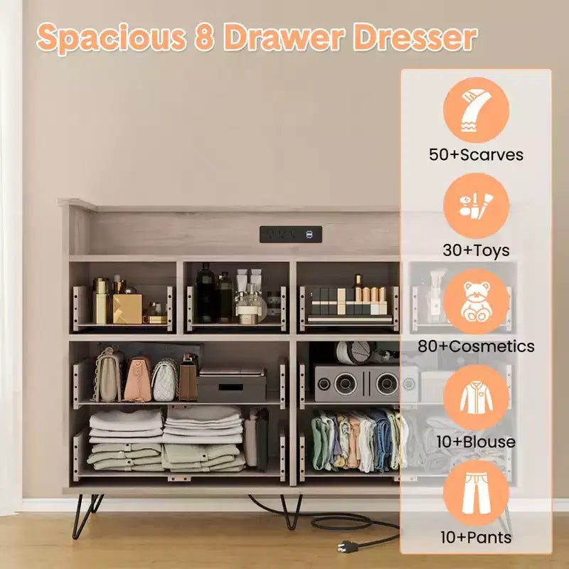 Commode 8 tiroirs, Meuble TV de chambre avec lumières LED et prise de courant, Grande commode pour couloir, salon, entrée