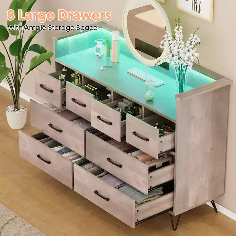 Commode 8 tiroirs, Meuble TV de chambre avec lumières LED et prise de courant, Grande commode pour couloir, salon, entrée