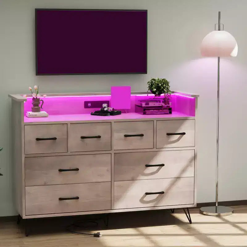 Commode 8 tiroirs, Meuble TV de chambre avec lumières LED et prise de courant, Grande commode pour couloir, salon, entrée