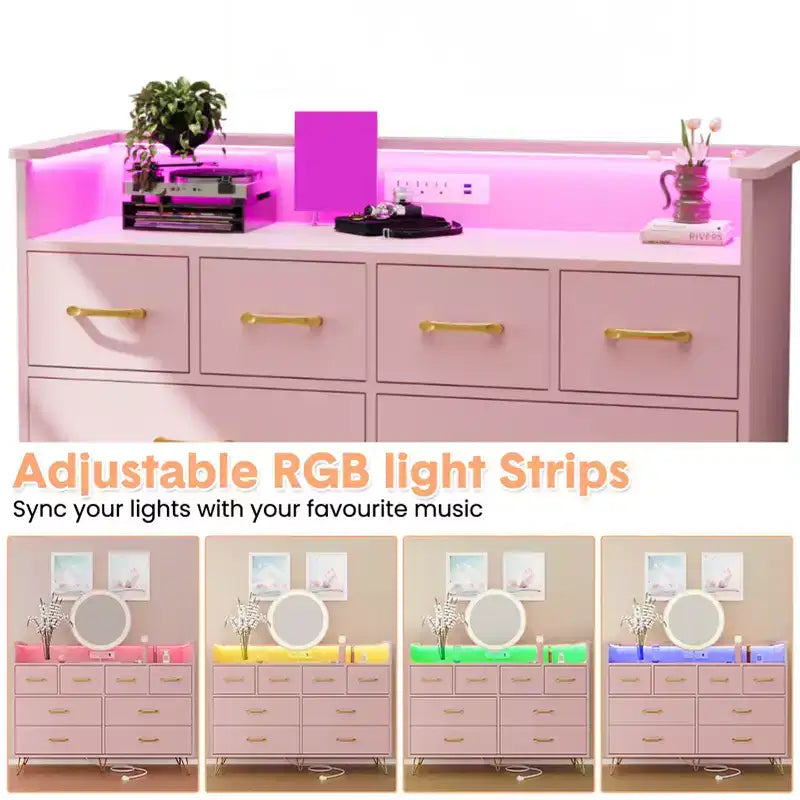 Commode 8 tiroirs, Meuble TV de chambre avec lumières LED et prise de courant, Grande commode pour couloir, salon, entrée