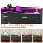 Commode 8 tiroirs, Meuble TV de chambre avec lumières LED et prise de courant, Grande commode pour couloir, salon, entrée
