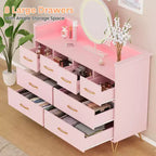 Commode 8 tiroirs, Meuble TV de chambre avec lumières LED et prise de courant, Grande commode pour couloir, salon, entrée