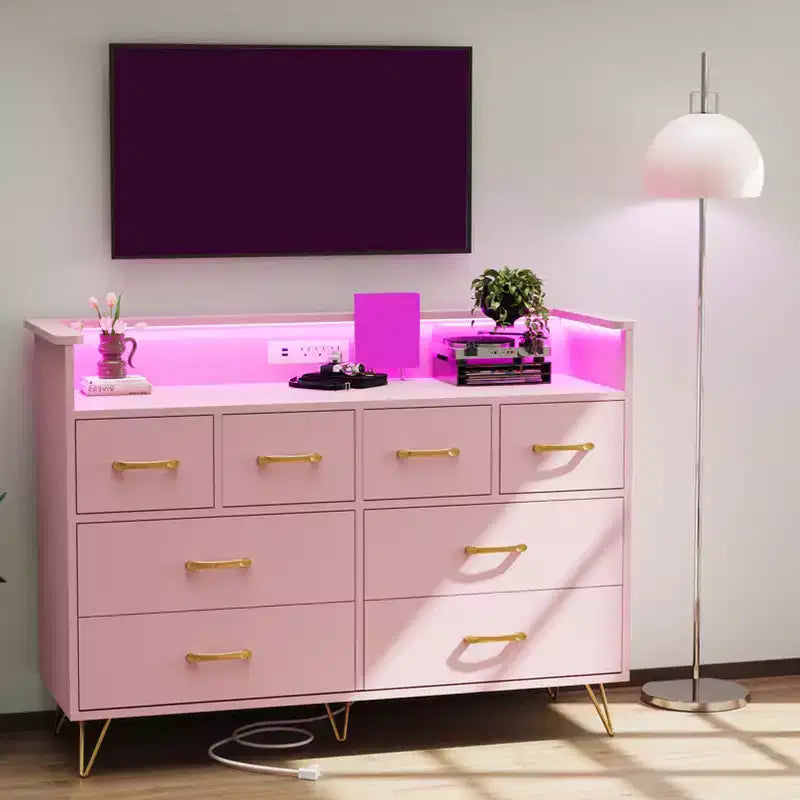 Commode 8 tiroirs, Meuble TV de chambre avec lumières LED et prise de courant, Grande commode pour couloir, salon, entrée