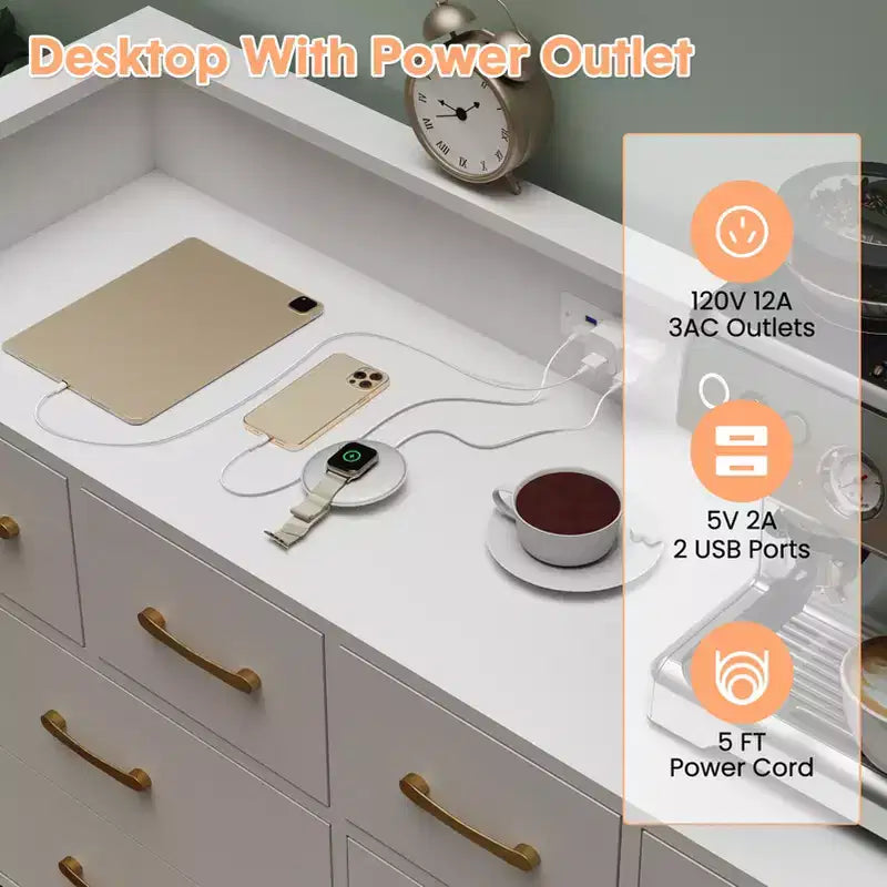 Commode 8 tiroirs, Meuble TV de chambre avec lumières LED et prise de courant, Grande commode pour couloir, salon, entrée