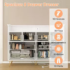 Commode 8 tiroirs, Meuble TV de chambre avec lumières LED et prise de courant, Grande commode pour couloir, salon, entrée