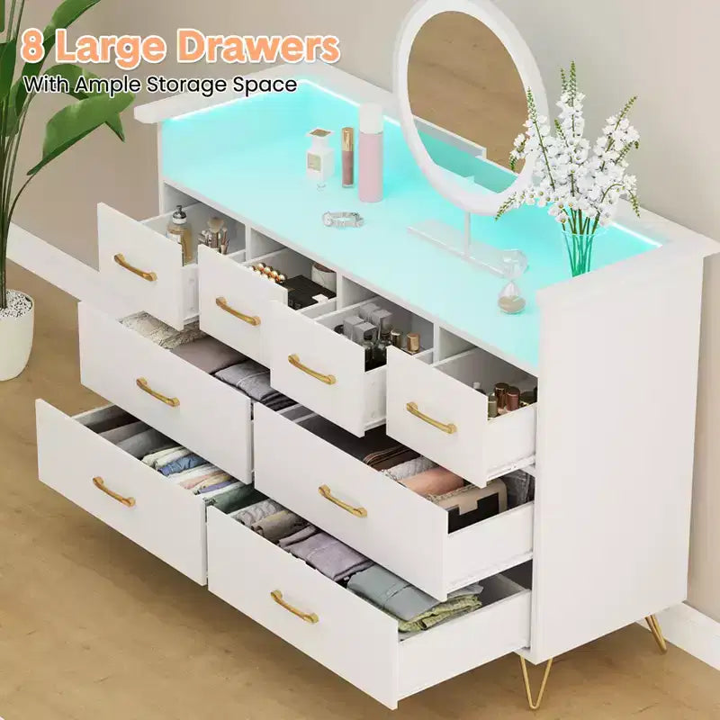 Commode 8 tiroirs, Meuble TV de chambre avec lumières LED et prise de courant, Grande commode pour couloir, salon, entrée