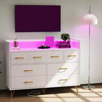 Commode 8 tiroirs, Meuble TV de chambre avec lumières LED et prise de courant, Grande commode pour couloir, salon, entrée