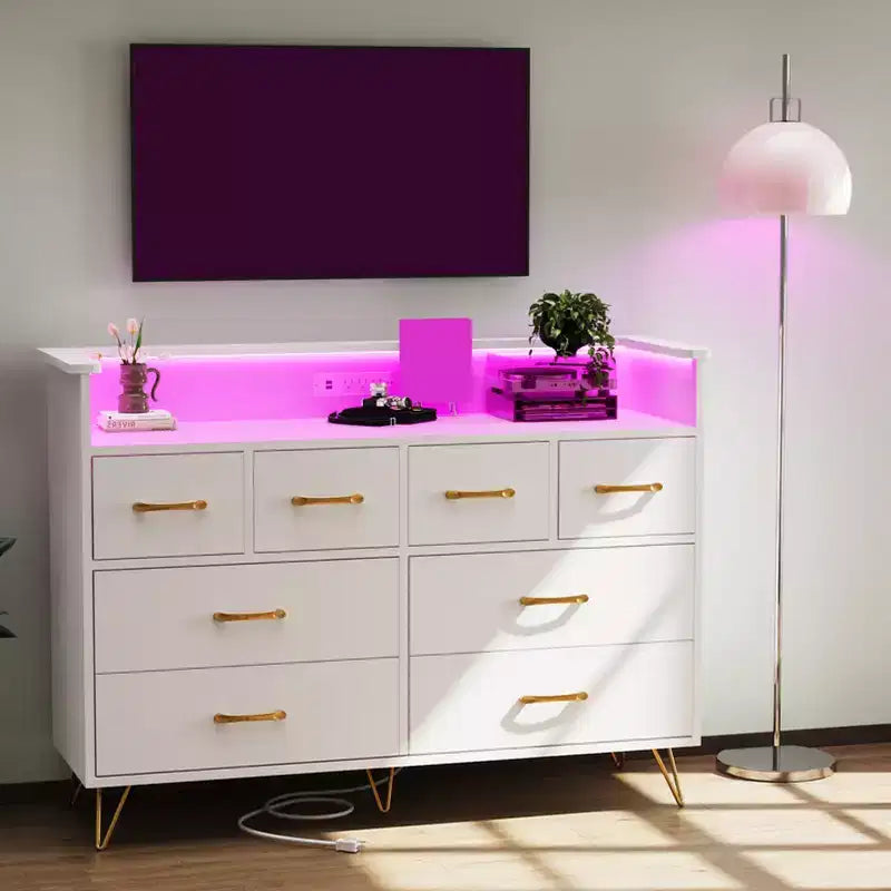 Commode 8 tiroirs, Meuble TV de chambre avec lumières LED et prise de courant, Grande commode pour couloir, salon, entrée