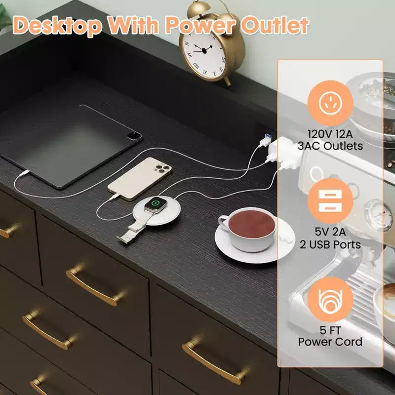 Commode 8 tiroirs, Meuble TV de chambre avec lumières LED et prise de courant, Grande commode pour couloir, salon, entrée