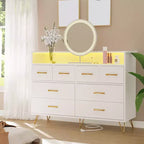 Commode 8 tiroirs, Meuble TV de chambre avec lumières LED et prise de courant, Grande commode pour couloir, salon, entrée