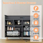 Commode 8 tiroirs, Meuble TV de chambre avec lumières LED et prise de courant, Grande commode pour couloir, salon, entrée