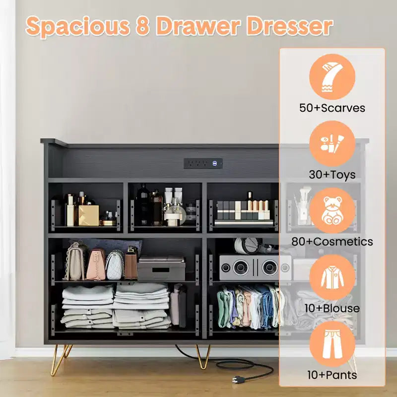 Commode 8 tiroirs, Meuble TV de chambre avec lumières LED et prise de courant, Grande commode pour couloir, salon, entrée