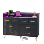 Commode 8 tiroirs, Meuble TV de chambre avec lumières LED et prise de courant, Grande commode pour couloir, salon, entrée
