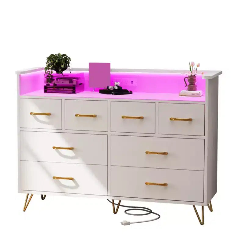 Commode 8 tiroirs, Meuble TV de chambre avec lumières LED et prise de courant, Grande commode pour couloir, salon, entrée