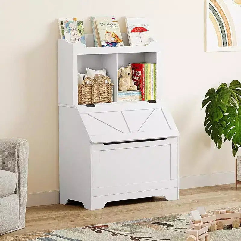 Coolmee Étagère à Livres pour Enfants en Bois de 121,4 cm avec Couvercle Rabattable, Organisateur de Rangement de Jouets pour Garçons et Filles pour Salle de Jeux, Chambre, Crèche et Maternelle