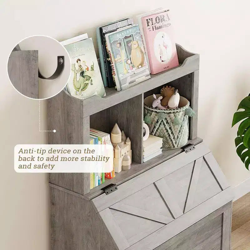 Coolmee Étagère à Livres pour Enfants en Bois de 121,4 cm avec Couvercle Rabattable, Organisateur de Rangement de Jouets pour Garçons et Filles pour Salle de Jeux, Chambre, Crèche et Maternelle