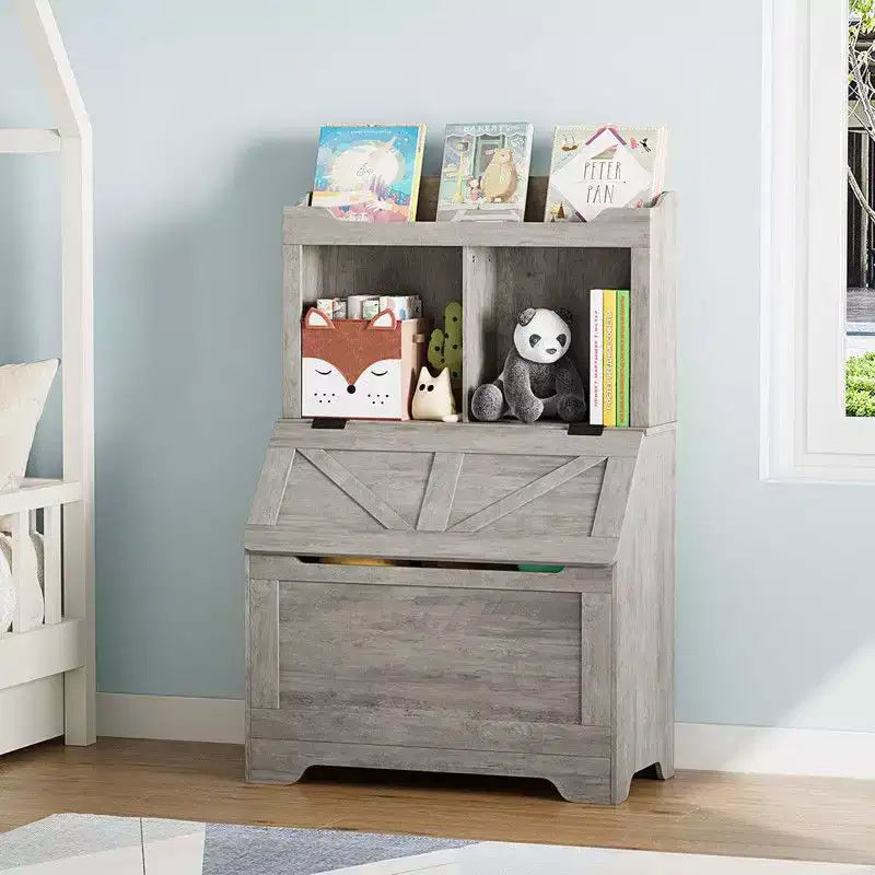 Coolmee Étagère à Livres pour Enfants en Bois de 121,4 cm avec Couvercle Rabattable, Organisateur de Rangement de Jouets pour Garçons et Filles pour Salle de Jeux, Chambre, Crèche et Maternelle