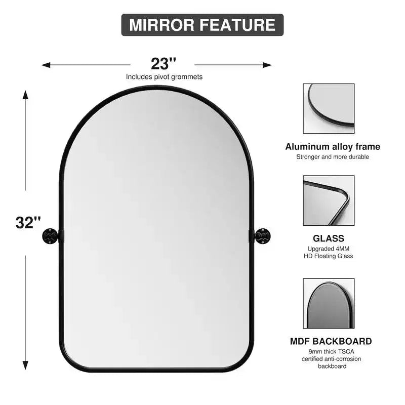 PexFix 32 x 23 Miroir Mural Inclinable Arqué en Fer Noir, Miroir de Vanité de Salle de Bain, Cadre Métallique, Réglable, Bidirectionnel pour Chambre et Salon
