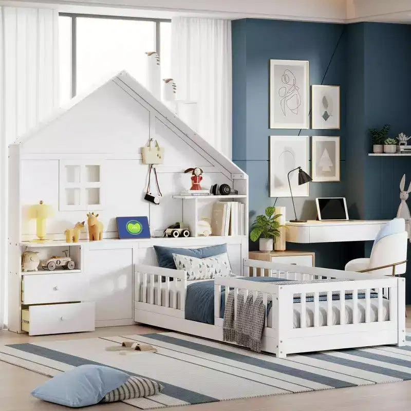 Polibi Twin Platform Bed with Storage Drawers, USB Charging Station & Windowed House Headboard