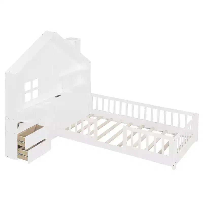 Lit plateforme double Polibi avec tiroirs de rangement, station de charge USB et tête de lit cabane à fenêtre