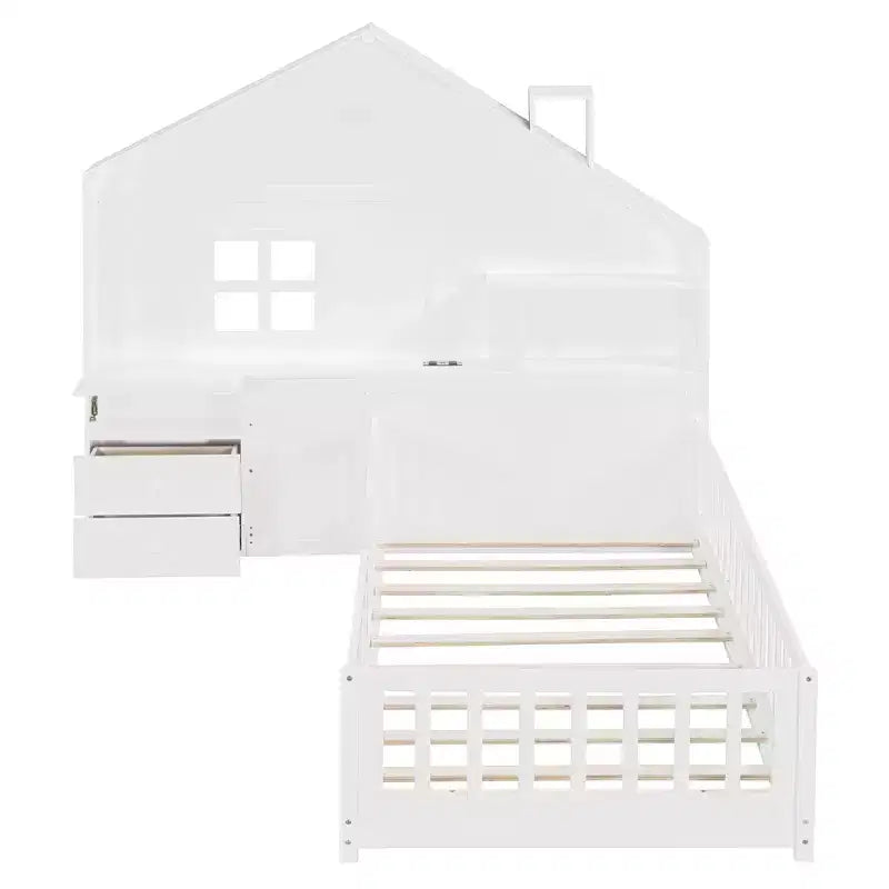 Lit plateforme double Polibi avec tiroirs de rangement, station de charge USB et tête de lit cabane à fenêtre