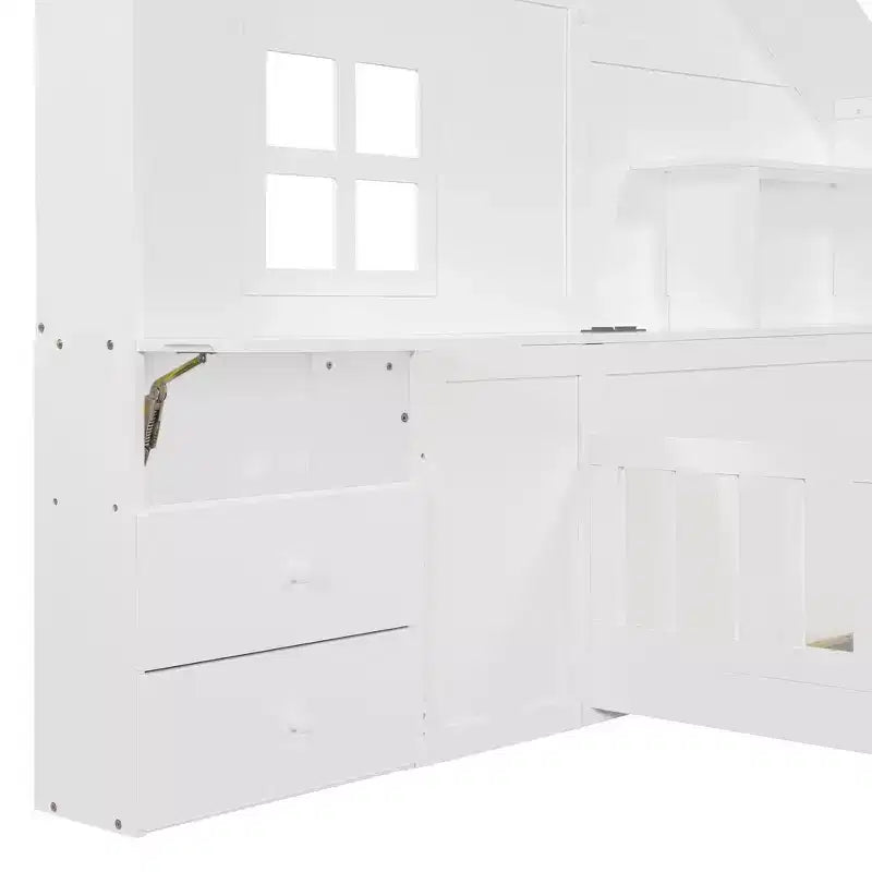Lit plateforme double Polibi avec tiroirs de rangement, station de charge USB et tête de lit cabane à fenêtre