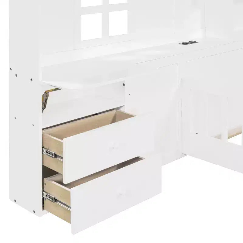 Lit plateforme double Polibi avec tiroirs de rangement, station de charge USB et tête de lit cabane à fenêtre