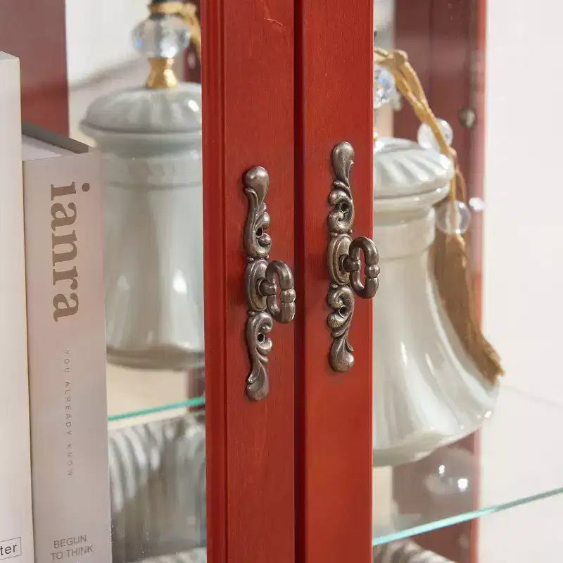 Vitrine d'angle éclairée avec portes et étagères en verre trempé - Élégante vitrine en merisier avec ampoule pour la décoration du salon et de la chambre