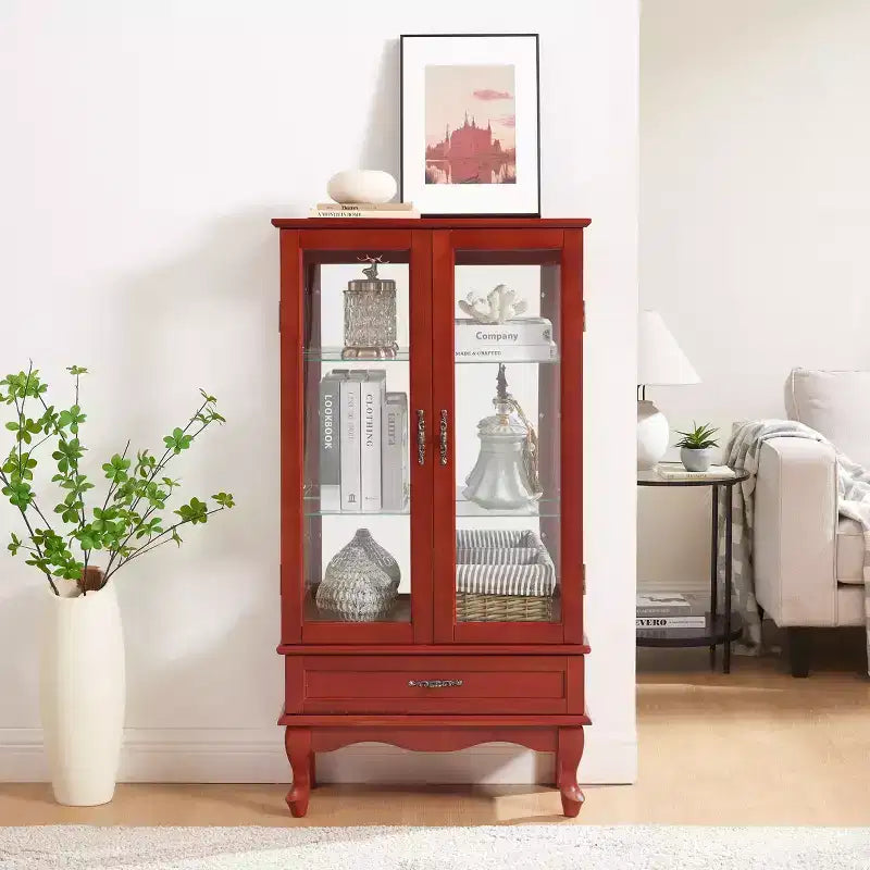 Vitrine d'angle éclairée avec portes et étagères en verre trempé - Élégante vitrine en merisier avec ampoule pour la décoration du salon et de la chambre