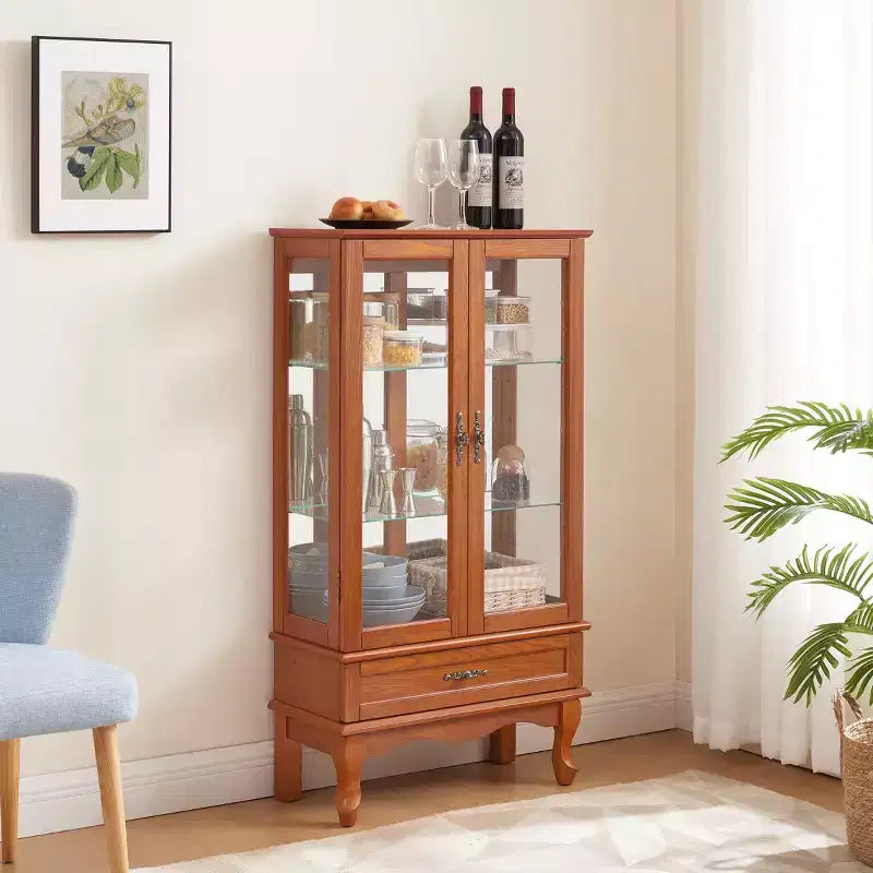 Vitrine d'angle éclairée avec portes et étagères en verre trempé - Élégante vitrine en merisier avec ampoule pour la décoration du salon et de la chambre