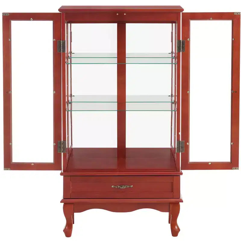Vitrine d'angle éclairée avec portes et étagères en verre trempé - Élégante vitrine en merisier avec ampoule pour la décoration du salon et de la chambre