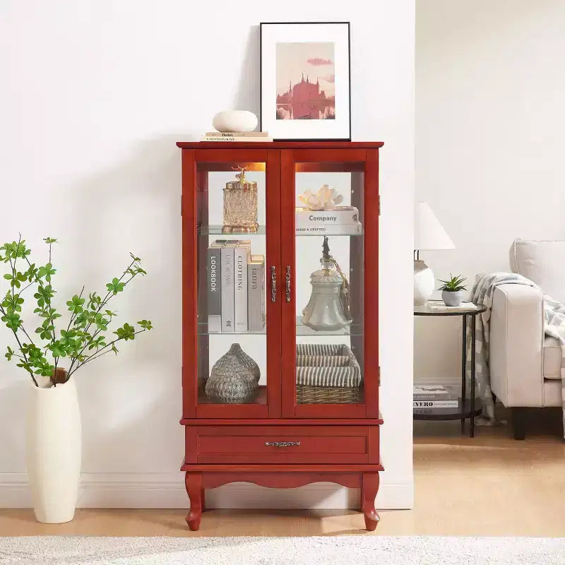 Vitrine d'angle éclairée avec portes et étagères en verre trempé - Élégante vitrine en merisier avec ampoule pour la décoration du salon et de la chambre