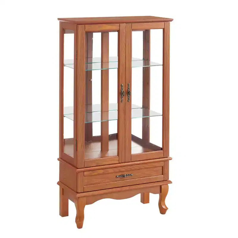 Vitrine d'angle éclairée avec portes et étagères en verre trempé - Élégante vitrine en merisier avec ampoule pour la décoration du salon et de la chambre