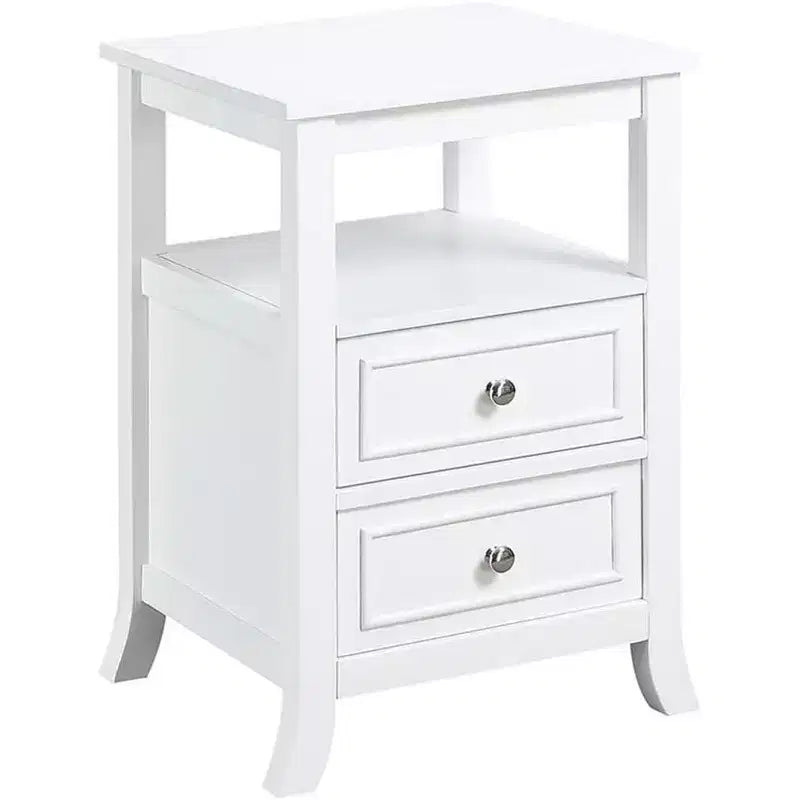 Table d'appoint HomeStock Belmont élégante et de style transitoire avec deux tiroirs, une étagère ouverte, des poignées en étain et des pieds en sabre pour le rangement dans le salon