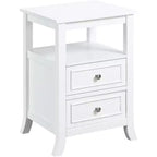 Table d'appoint HomeStock Belmont élégante et de style transitoire avec deux tiroirs, une étagère ouverte, des poignées en étain et des pieds en sabre pour le rangement dans le salon